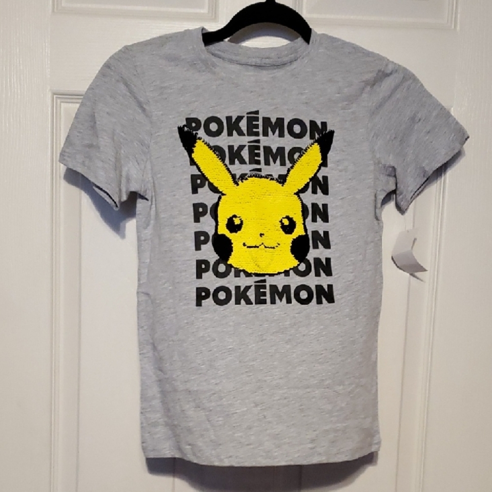 NEW! Pokemon Kids Gray Tee with Yellow Sequin Flip Pikachu Design